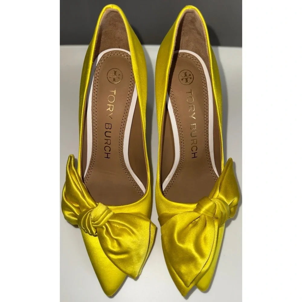 Tory‎ Burch Yellow Satin Bow Pointed Toe Pumps White Stiletto Heels Womens 5.5